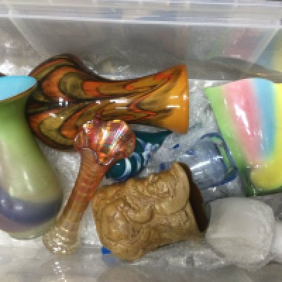 A collection of art pottery and glass vases. Shipping category D.