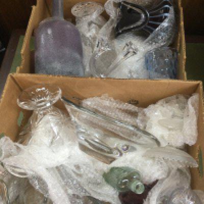 Two boxes of mixed glass items. Shipping category D.