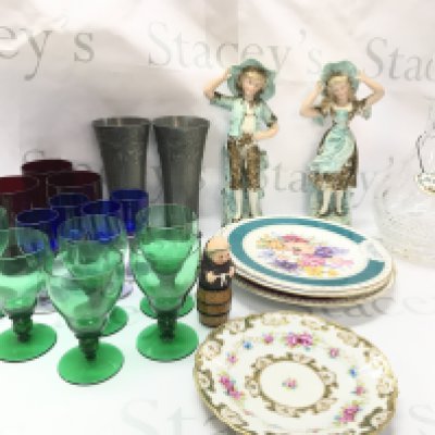 A collection of coloured glass including red, blue and Green cups, late 19th century pewter German pair of vases , Royal Horticultural Chelsea flower show porcelain plates, cut glass brandy decanter, Royal Worcester Queen figure. This lot cannot be posted