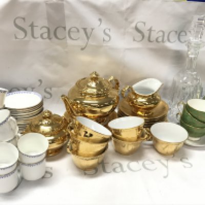 Royal Worcester gold tea set including Tea jug, Cups, Saucers , Minton brocade , glass decanter, English bone China. This lot cannot be posted
