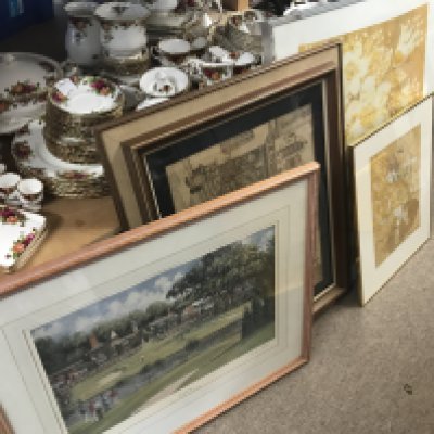 A collection of framed prints including Ryder Cup golf print by Sheree Valentine Daines, Victorian street scene cartoon sketch print, etc- NO RESERVE