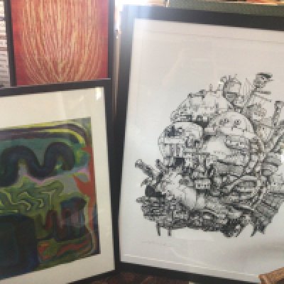 Two framed art works including an abstract painting and a large Howls moving castle anime print. Dimensions 65x106cm and 102x135cm This lot cannot be posted