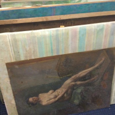 A collection of unframed Albert Harold Palmer (1911 - 1985 ) paintings including nudes, abstract etc. Artist and teacher, born in Northamptonshire, who studied art part-time, then full-time at Grimsby School of Art, 1923 - 9, worked in a London commercial art studio, 1929 - 33, then attended Royal College of Art, 1933 - 6. In 1938 he received a Travelling Scholarship from the College, also a Gold Medal. After copying House of Commons murals for the World Trade Exhibition in New York, 1938 - 9, Palmer from 1939 - 45 served in the Camouflage Corps, then spent 1947 - 9 in a tuberculosis sanatorium in Switzerland. He was on the staff of Maidstone Art School, 1950 - 4, from 1954 - 62 was lecturer in painting at Gravesend Art School, then acting principal; and was head of art and craft at Gravesend Adult Education Centre, 1962 - 77. From 1977 - 85 painted full-time at his own studio gallery in central London.