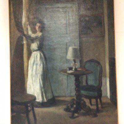 A French Impressionist oil painting a lady in an interior by a window. The interior with traditional French occasional furniture. Signed lower left Ed. Salglio. Edmund Saglio (1867-1907) 95x64cm