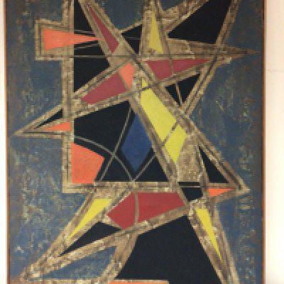 A mid 20th century oil painting on canvas abstract with coloured and outlined rectangles. Signed lower right. CRabas54. 67x94cm