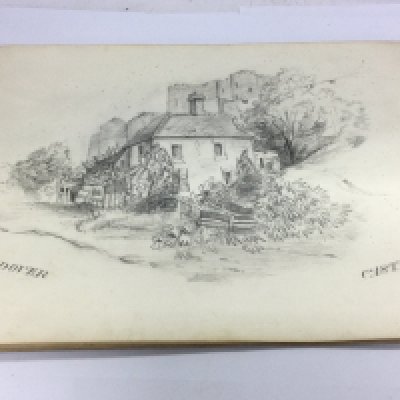 A sketch book containing various pencil drawings and a watercolour. Shipping category A.