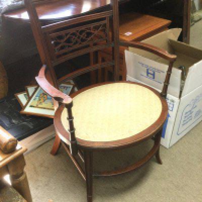 A ladies chair with carved back and upholstered seat. This chair was part of a collection from Cheltenham ladies college. Shipping category D.- NO RESERVE