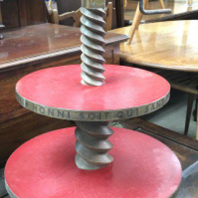 A vintage French Confrerie Nationale competition cheese display stand with interesting engraving around sides- shameful be he who without cheese pretends to pay homage to a good table. 50cm tall