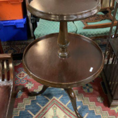 English Georgian two tier mahogany dumb waiter table with tripod base. Height .93cm x Diameter. 62cm