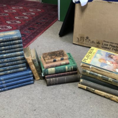 A collection of books including the works of Shakespeare volumes by George Newnes, Thornton Wilder books The Bridge of San Luis Rey, The Woman of Andros, The Cabala, The Angel that troubled the waters, Oxford book of English verse 1250-1900 Arthur Quiller Couch 1926, Poetical works of Abraham Crowley vol 1 1784, The Canterbury poets 1890, poetical works of Henry Wadsworth Longfellow 1880, Lays of Ancient Rome 1850, poetical works of Sir Walter Scott, Playbox annuals. Postage cat C