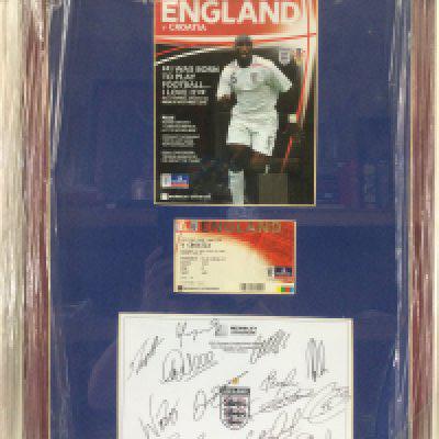 A framed and signed montage of England v Croatia in 2007, a 3-2 loss that eliminated England from progressing to Euro 2008, approx 59cm x 77cm. Shipping category D.- NO RESERVE