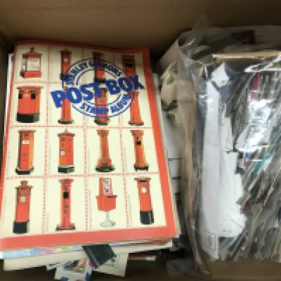 A large collection of loose world stamps and childhood albums, 3 albums of first day covers, stamp reference books etc. ( 2 boxes).