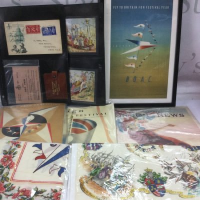 A collection of Festival of Britain items comprising silk handkerchiefs, enamelled badges and various ephemera. Shipping category D.