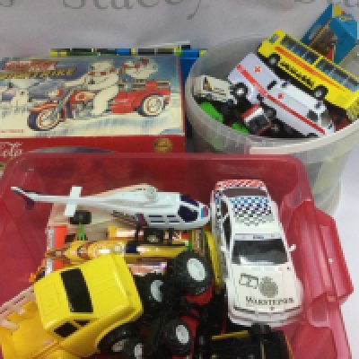 Two tubs of playworn vehicles plus a boxed Coca Cola motortrike. Shipping category D.