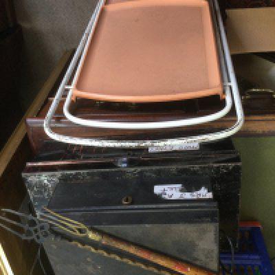 A folding tea trolley, a vintage Brexton picnic hamper, two deed boxes and toasting forks.. Shipping category D.