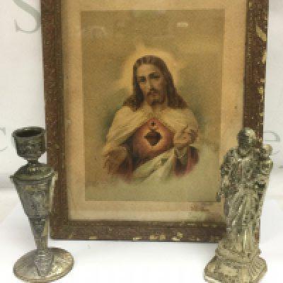 A French mixed metal candlestick and a small stature, approx height 18.5cm and a framed and glazed print of Christ (3). Shipping category D.