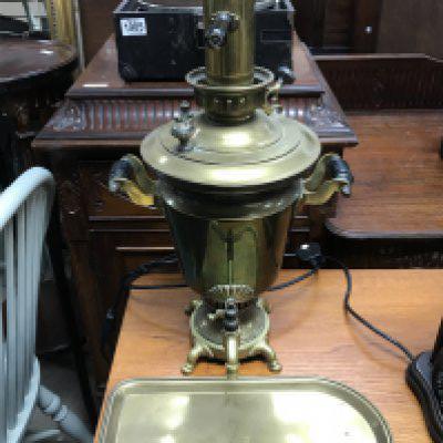 A brass Russian samovar with dish , postage category C