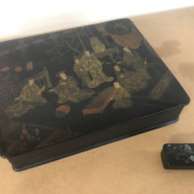 A Japanese black Lacquer paper mache box and a miniature box (27cm wide 5.5cm tall 23.5cm long). Postage category B- NO RESERVE