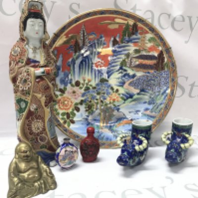 WITHDRAWN - Oriental items including a pair of porcelain liberation cups , figure etc . This lot cannot be posted- NO RESERVE