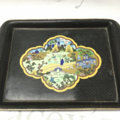 A Cloisonne tray with temple scene design and a blue glazed and gilt decorated base. Dimensions 31x22cm . Postage category B