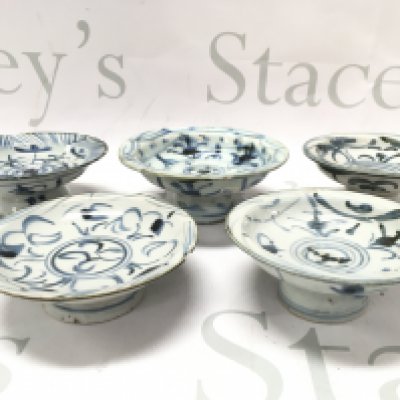 Five Chinese Ming stem bowls , hairline cracks and chips. approximately 2 inches high 4 inches wide. This lot cannot be posted