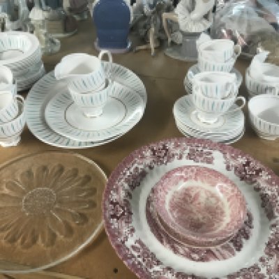 A Queen Ann tea set together with serving dishes in pink and a glass tray . NO RESERVE