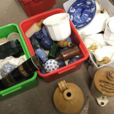 Boxes of ceramics including classical figure, blue and white Staffordshire plates, distillery bottles etc- NO RESERVE
