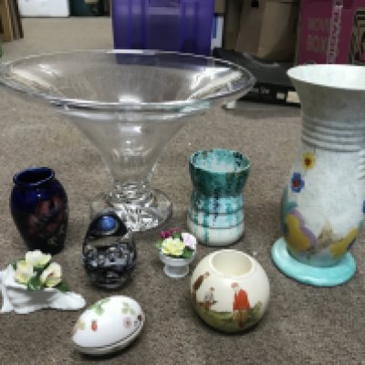 Ceramics including a large Waterford glass vase, Beswick vase and a smaller example, Carltonware, Wedgwood, small Moorcroft vase, paperweight, Aynsley floral ceramics. This lot cannot be posted
