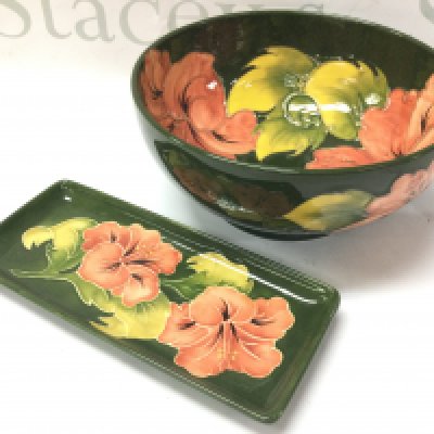 A Moorcroft limited edition of 200 Hibiscus bowl (9cm tall 20cm wide) and rectangular dish (20cm wide). No obvious damage or restoration. this lot cannot be posted