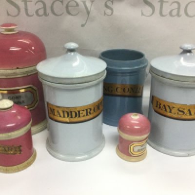 Six ceramic apothecary jars. Shipping category D.