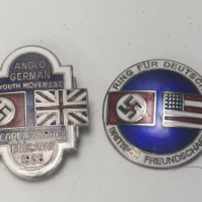 A German 1936 Anglo German Youth Movement badge Capel Morris the reverse with makers stamp Thomas Fattorini and an unusual German friendship badge with American flag makers stamp Deschier & Sohn (2)