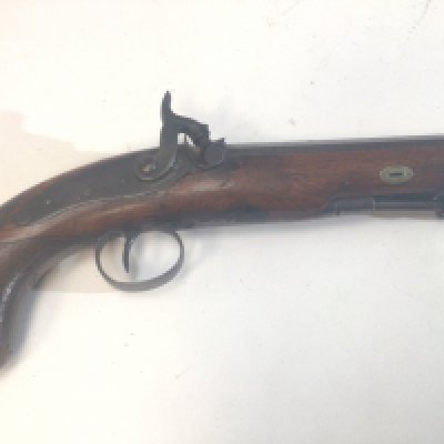 A British 19th century Percussion Pistol maker Perrins of Worcester with an Octagonal barrel. Fixed steel ram rod.