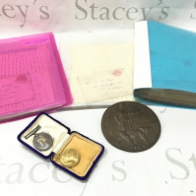 WW1 death Penny dedicated to William Henry Collyer, war and victory medals both inscribed 4958 SJT.W.H.COLLYER.4-LOND.R , and a large collection of correspondence of postcards and letters sent from Collyer to his wife