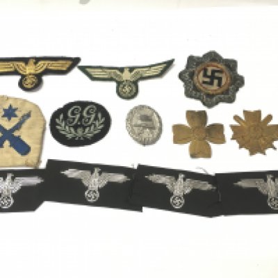 WW2 German Third Reich silver wound badge , Panzer breast eagles, German cross in gold, British naval cloth badge, Ground gunner badge. Postage category A