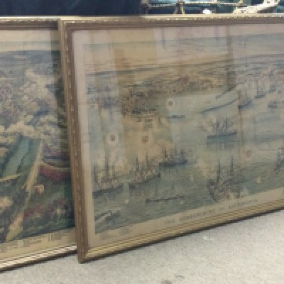 Two late 19th century framed military Lithographs , birds eye view of the battle of Tel- El- Kevin and the bombardment of Alexandria. Dimensions 79x58cm . This lot can be posted without their frames (cat B)