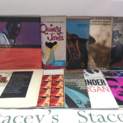 Two bags containing 20 jazz LPs by various artists including Coleman Hawkins, Quincy Jones, Wes Montgomery and others.