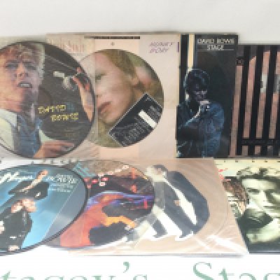 Eight David Bowie picure discs and coloured vinyl LPs and 12" singles including a blue vinyl 'Stage', a limited edition 'Hunky Dory' picture disc and others.