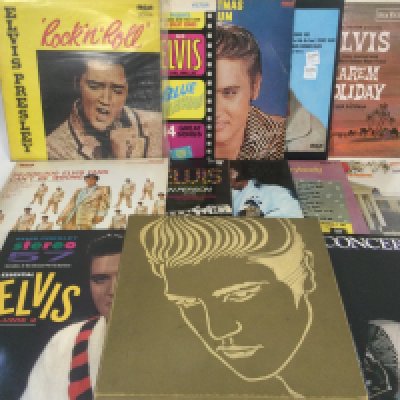 A collection of Elvis Presley LPs plus a record case and a box of 78s by various artists including Elvis Presley, Bill Haley, Frank Sinatra and others.
