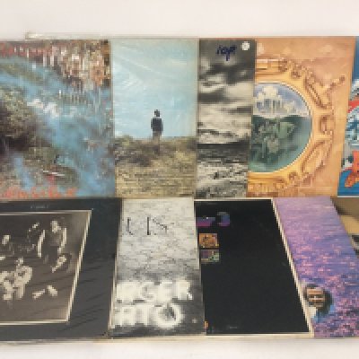 Two bag containing 20 prog rock LPs by various artists including Family, Focus, ELP and others.
