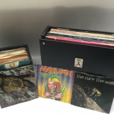 Two record cases of 7", 12" and LPs by various artists including The Cure, New Order, The Stranglers and others.