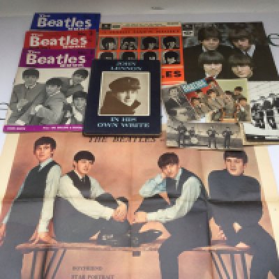 A collection of Beatles related ephemera comprising three early Beatles Book Monthly magazines, two EPs, promotional cards, newspaper cuttings etc.