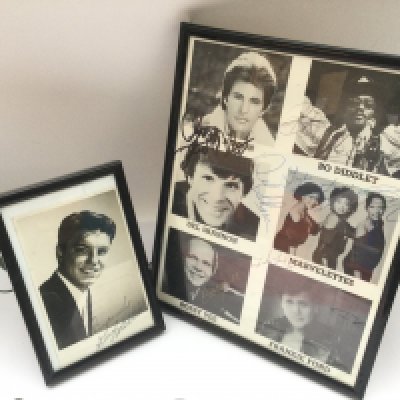 A framed and glazed collection of autographs comprising Bo Diddley, Ricky Nelson, Bobby Vee, Del Shannon, The Marvelettes and Guy Mitchell.