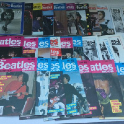 Two boxes containing a large collection of Beatles Book Monthly and Beatles Fan Club magazines from the 1980s, 90s and 2000s.