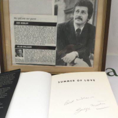 A signed George Martin 'Summer Of Love' hardback book plus a separate framed magazine page signed by Bob Wooler and Allan Williams plus Pete Best's autograph, sadly faded.