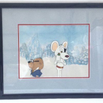 Four framed and glazed animation serigraph cels of Dangermouse and Count Duckula, largest approx 52cm x 41cm including frame.