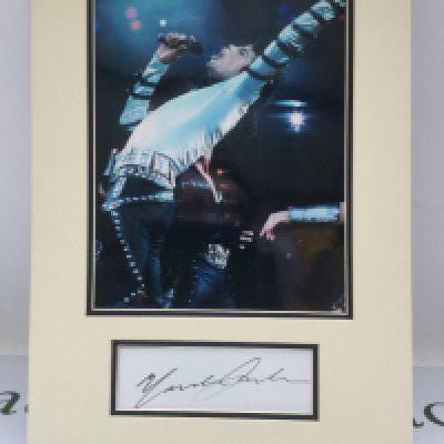A signed photo display of Michael Jackson with COA. Please note that we are not experts in this field and can offer no guarantees that these signatures are genuine and will not be held responsible should they prove otherwise.