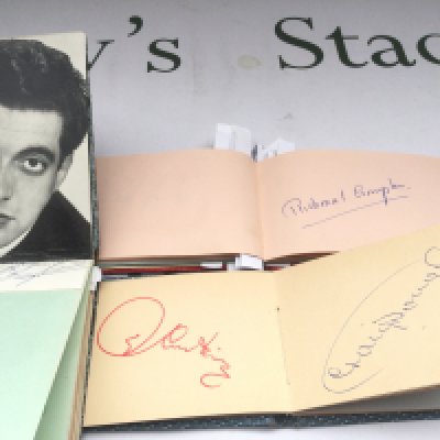 Three autograph booklets containing various names from film, music and sport including Frankie Vaughan, Pete Murray, Tommy Trinder and others.