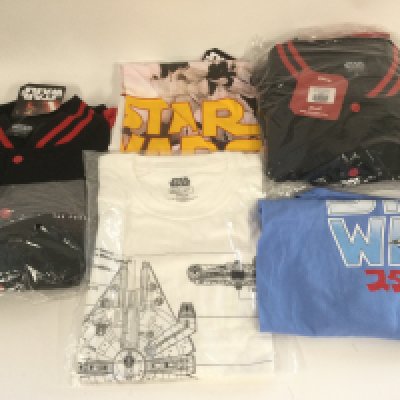 Three Star Wars T shirts and two Varsity jackets, various sizes.
