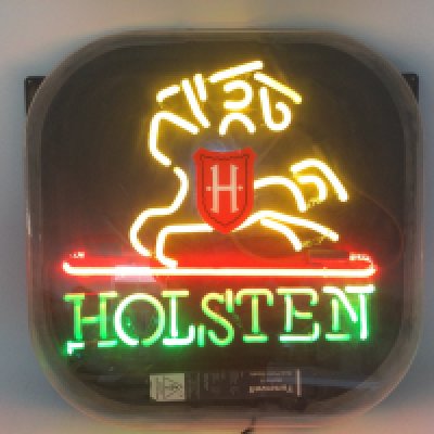 Two neon bar signs comprising Holsten approx 55cm x 55cm and Rolling Rock approx 62cm x 47cm.