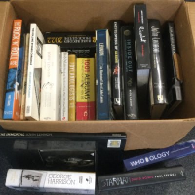A box of music books comprising mainly autobiographies.